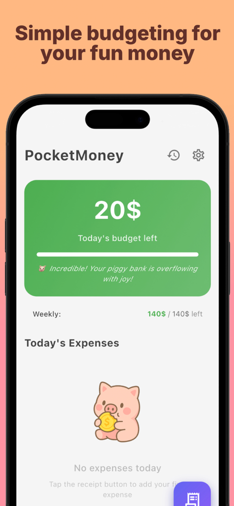 Pocket Money - Interfaccia dell'app PocketMoney che mostra un budget giornaliero di venti dollari rimanente con un simpatico mascotte salvadanaio