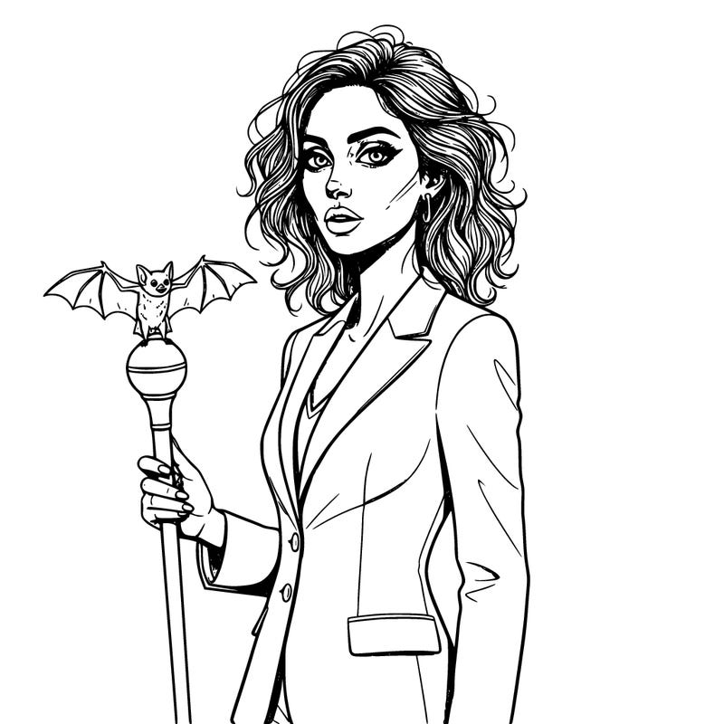 subject: a beautiful slim iranian woman with expressive, large eyes, a prominent hooked nose, and a wide mouth featuring a top lip much fuller than the bottom, and severe cheekbones.
hair & makeup: messy, voluminous dark hair falling below the shoulders, styled "wild" and natural. bold dramatic eyeliner.
attire: an intricate and immaculately tailored elegant business suit
accessories: holding  an elegant cane staff with a dedicated perch. a small fruit bat perched on the cane staff.