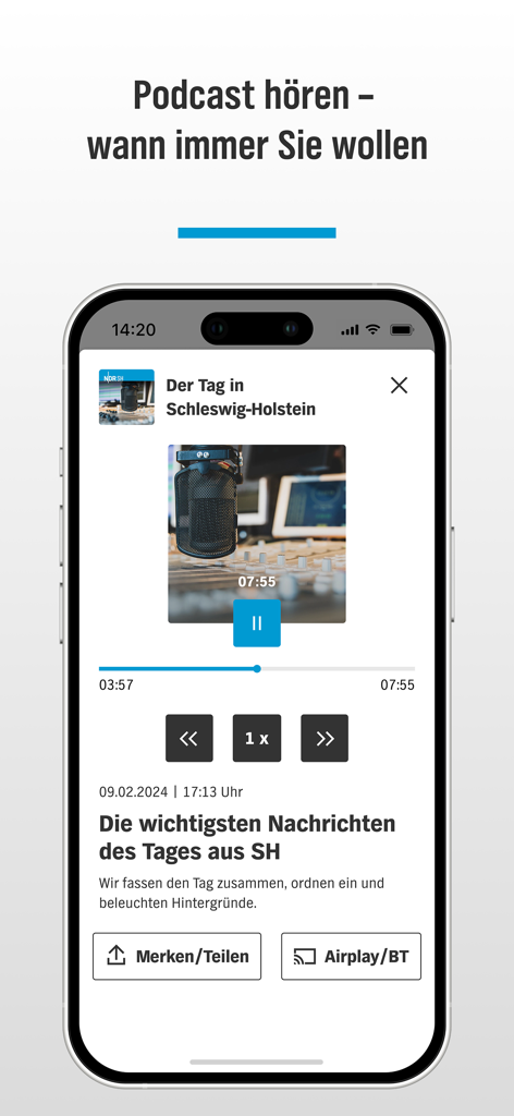 NDR Schleswig-Holstein - Podcast player interface in the NDR Schleswig-Holstein app showing a daily news episode
