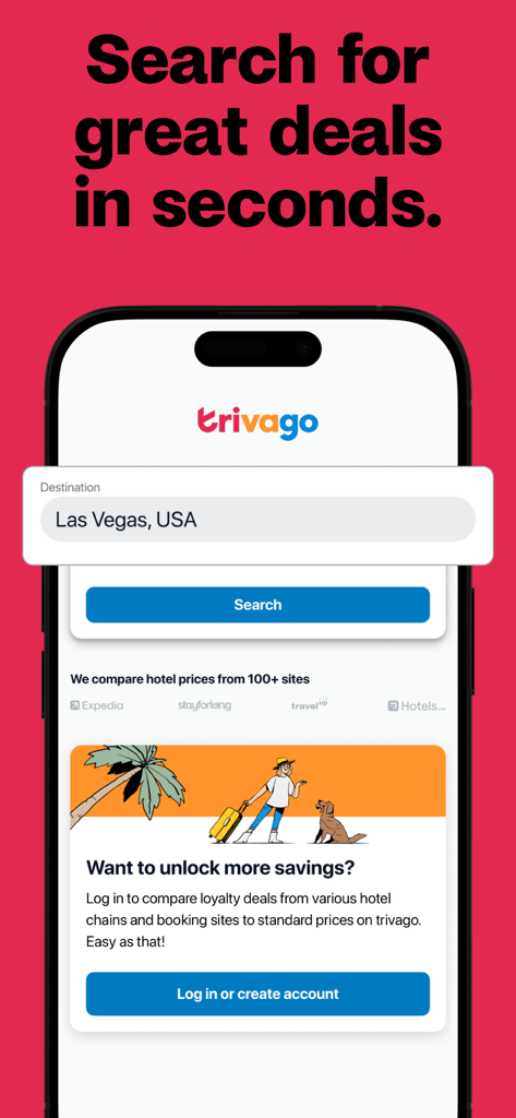 trivago mobile app search screen showing a destination search for Las Vegas USA
