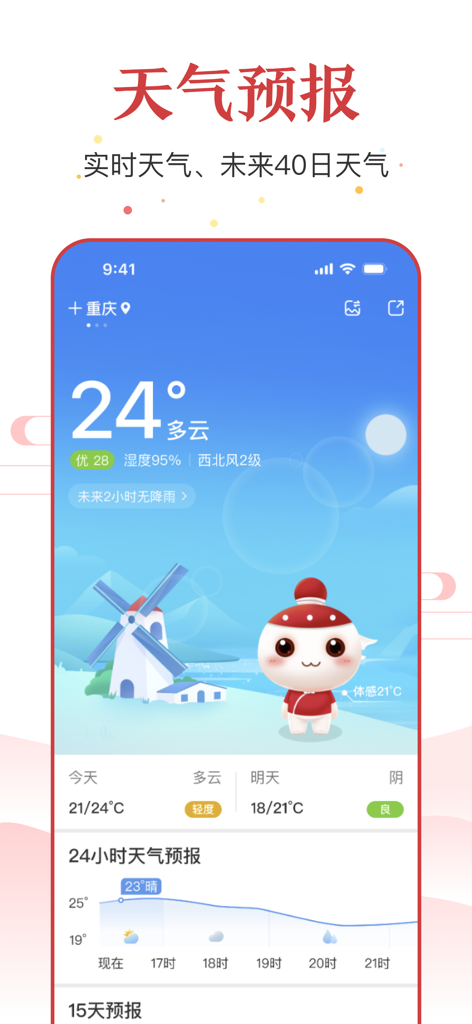 Capture d'écran de la fonction de prévision météo dans l'application Calendrier Perpétuel montrant la température, la qualité de l'air et un graphique des tendances météorologiques sur 24 heures.