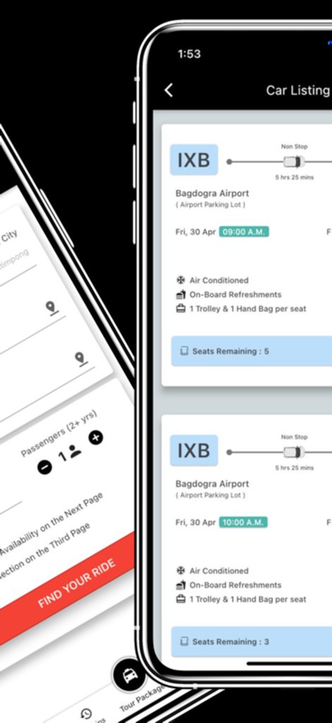 Wizzride - Wizzride mobile app interface showing car listings for airport transfers with ride details and amenities
