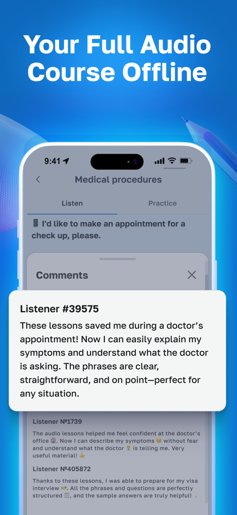 Lisn Learn Speak English Audio - Lisn app screenshot showing offline English audio lessons for medical situations and a positive user review.