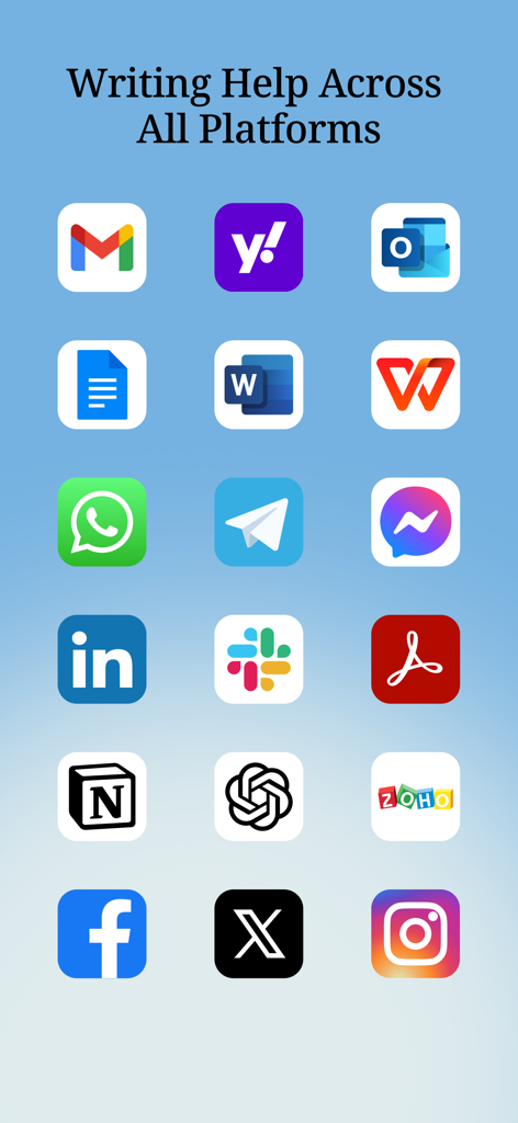Uma exibição de ícones de aplicativos populares, incluindo Gmail, Slack e LinkedIn, onde o teclado Grammar AI fornece ajuda de escrita