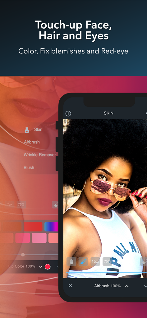 Interfaz de la aplicación de edición de fotos Ribbet mostrando herramientas de retoque facial y funcionalidad de aerografía