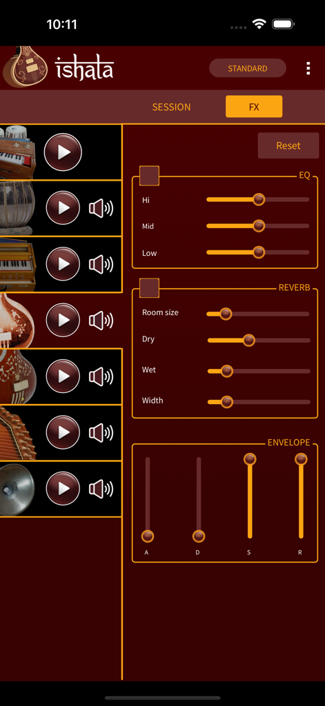 iShala - Écran d'effets audio dans l'application iShala avec curseurs d'égalisation et de réverbération pour la pratique de la musique classique indienne