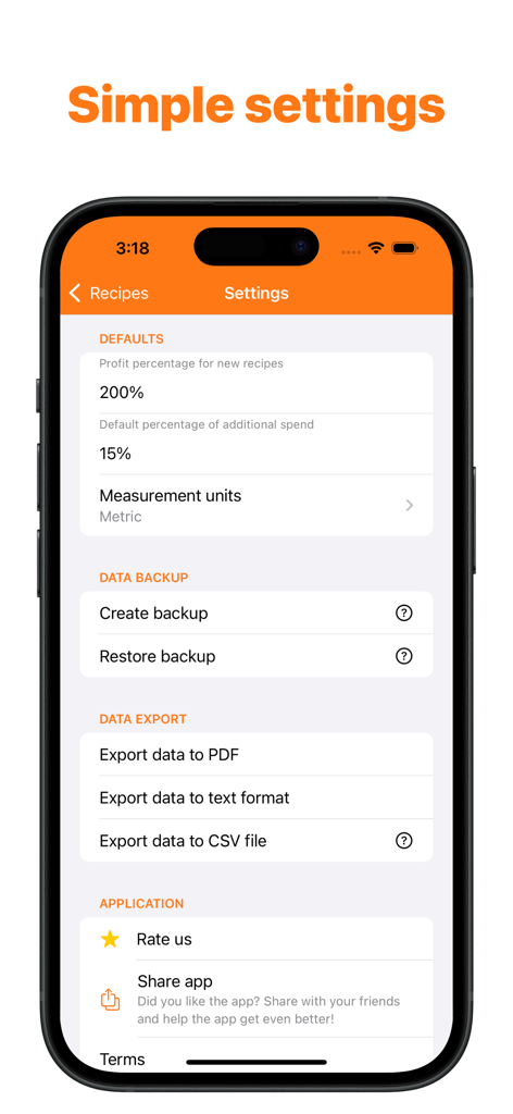 Settings screen of the Recipe Cost Calculator app showing default profit margins and data export options on an iPhone.