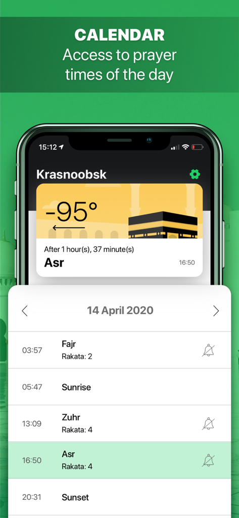 Muslim Pray Times Qibla Finder - Screenshot of the Muslim Pray Times app showing a daily calendar with specific prayer times and Qibla direction
