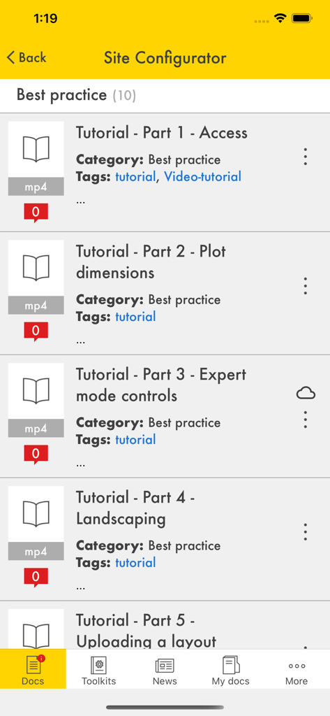 Interfaz de la aplicación Shell GIDS mostrando una lista de tutoriales en video del configurador de sitio.