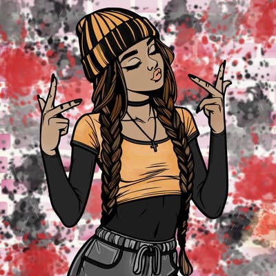 realistic teenage girl with braids and a beanie and crop top doing 🫶🏼