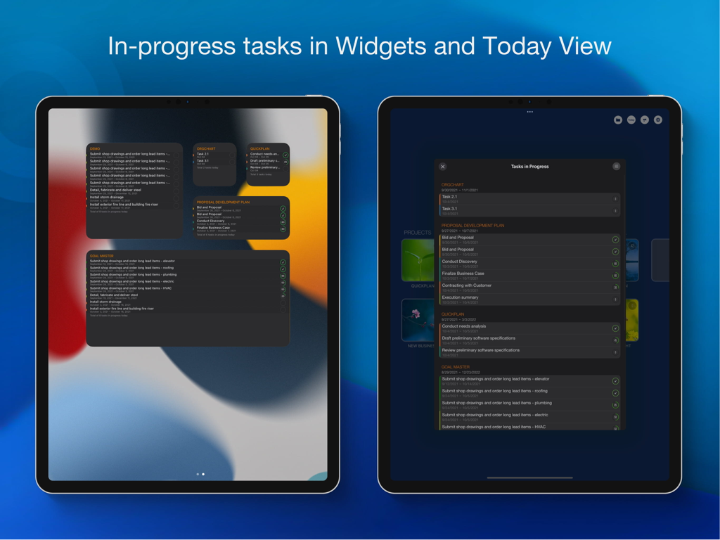 QuickPlan app showing in-progress project tasks in iPad widgets and Today View
