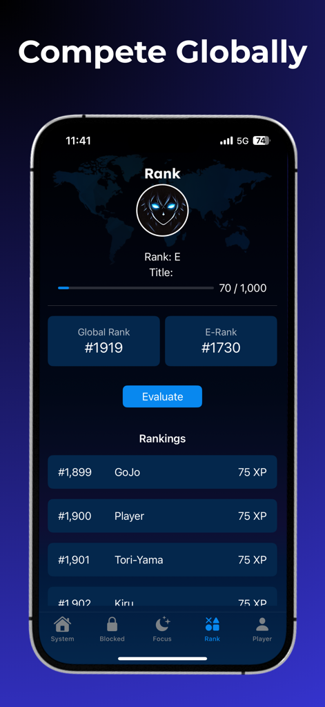 Solo X Player Leveling Workout - Tela de ranking global do aplicativo Solo X Player mostrando a classificação do usuário, barra de progresso de XP e um placar com nomes de jogadores e pontos de experiência.