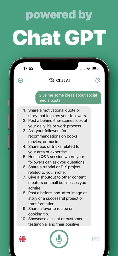 Chat AI ㅤ - Chat AI app screen displaying a list of social media post ideas