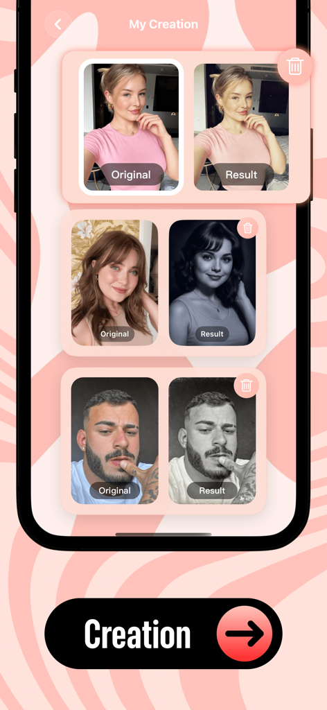 Yaci - Yaci app gallery showing original and vintage AI filtered photos