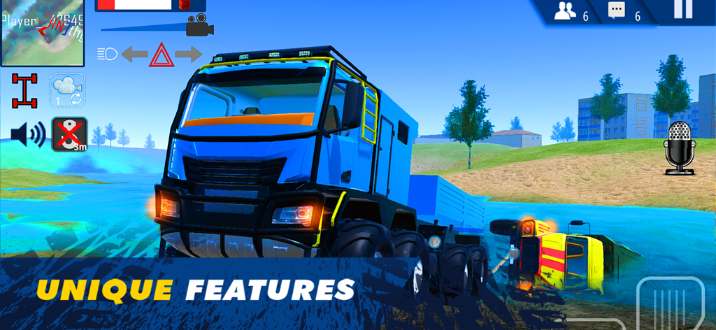 Offroad Simulator Online - A large blue off-road truck towing a yellow vehicle through a water crossing in a multiplayer simulation game.