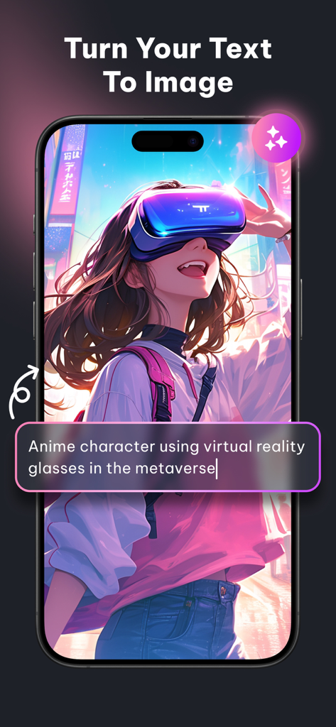 Regen AI app interface showing text to image generation for an anime character wearing VR glasses