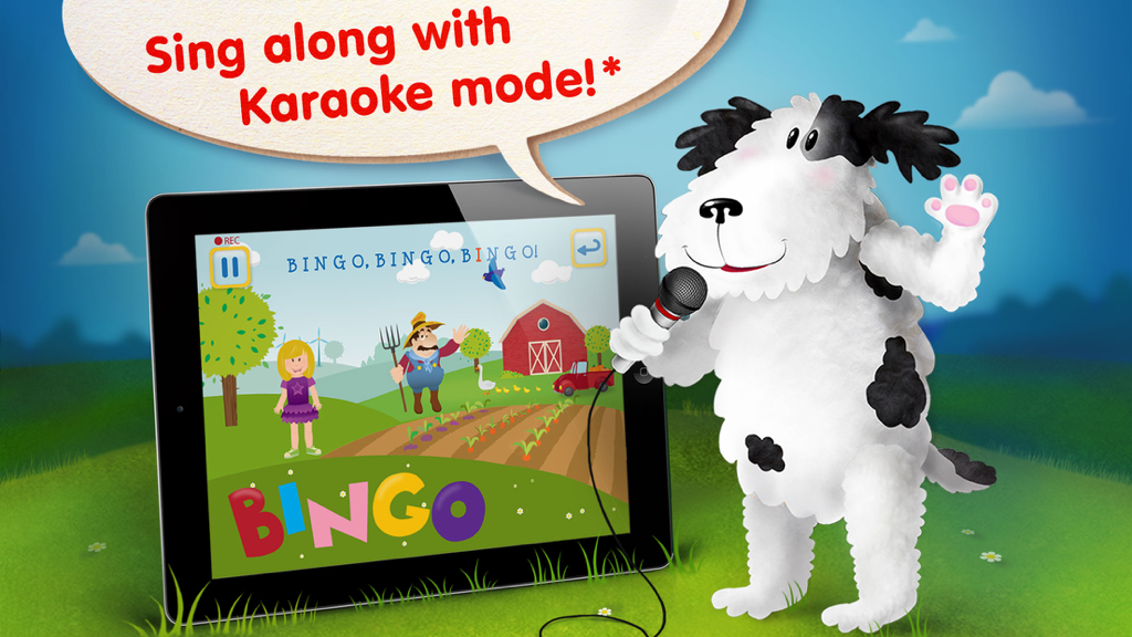 ABC Bingo Song for Kids: learn alphabet and phonics with karaoke nursery rhymes - Cartoon dog with microphone and tablet showing ABC Bingo Song karaoke mode