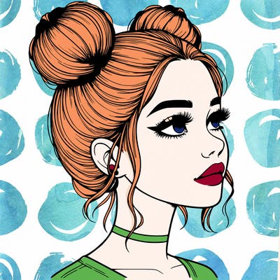 realistic girl with buns on the top of her head