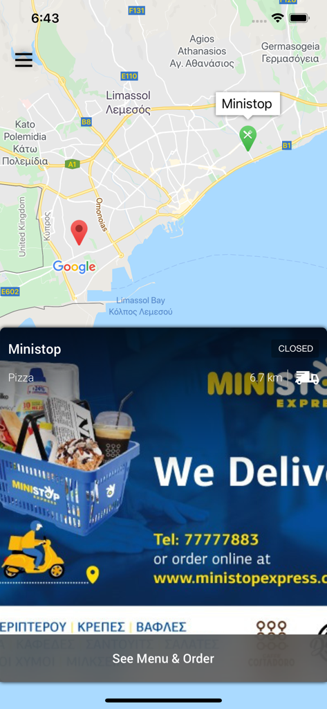 Ministop Express - Ministop Express mobile app showing a store location on a map with a delivery service banner.