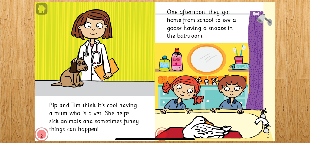 Digital storybook page from Pip and Tim Stage 7 showing a vet with a dog and a goose in a bathtub.