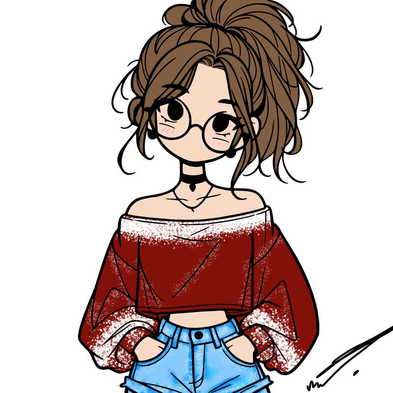 girl with a messy ponytail glasses a baggy crop top and jean shorts
