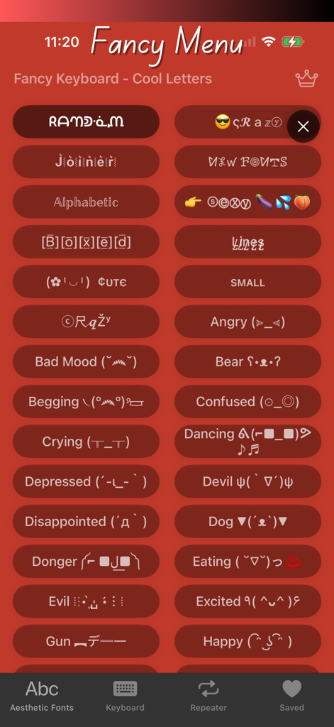 Fancy Keyboard - Cool Letters - Écran de l'application montrant diverses catégories de polices esthétiques et d'art du texte.