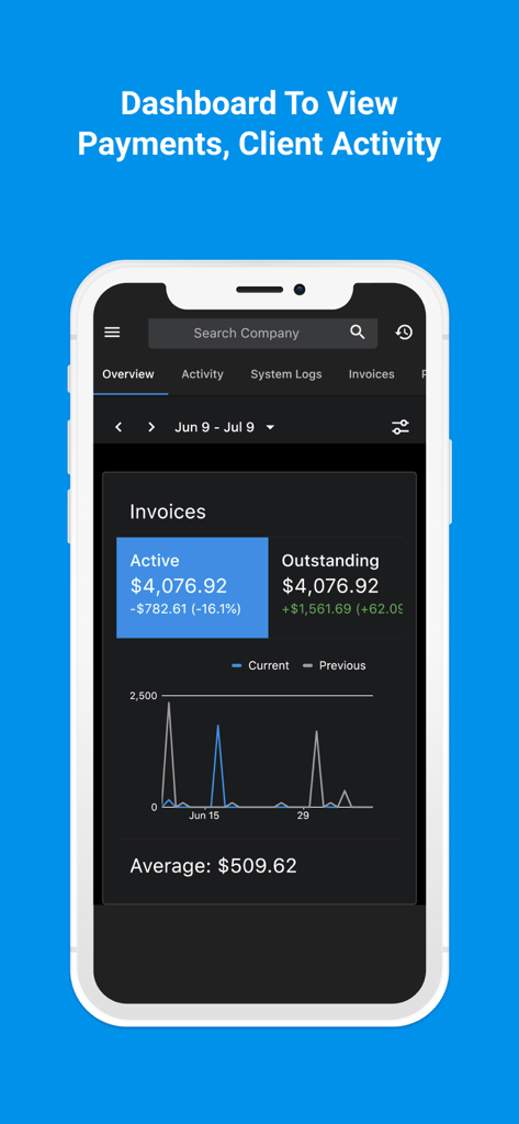 Invoice Ninja - Invoice Ninja mobile app dashboard displaying active and outstanding invoice totals and payment trends.
