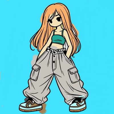 girl in baggy pants, crop top, and long hair