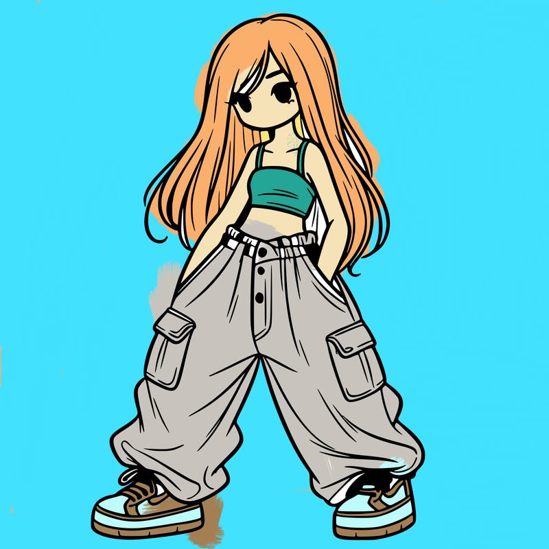 girl in baggy pants, crop top, and long hair