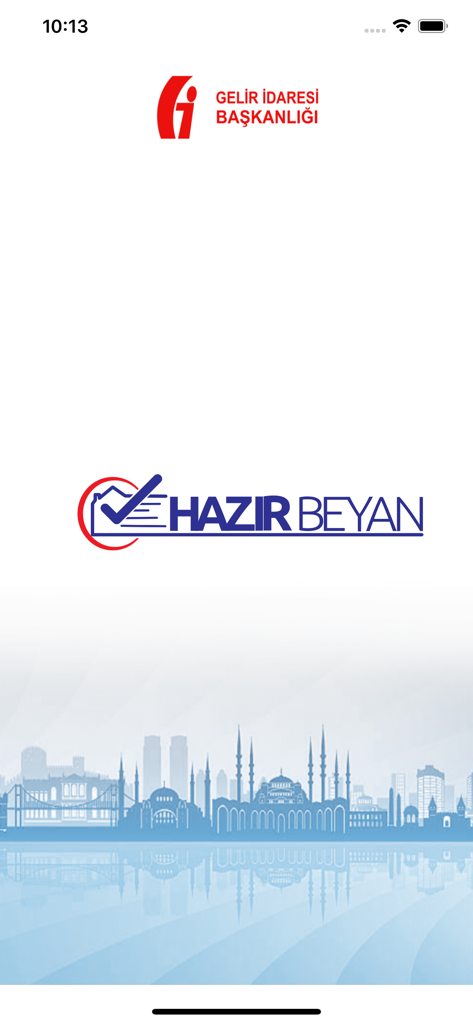 Hazır Beyan - Splash screen of the Hazir Beyan tax declaration app showing the Turkish Revenue Administration logo and Istanbul skyline.