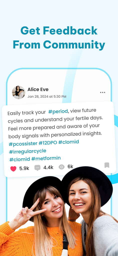 Chloe: Ovulation Tracker - Chloe app screen showing a community post about period tracking and fertility insights