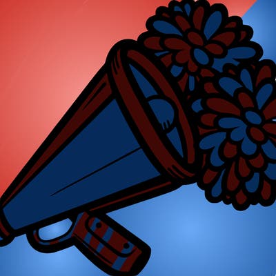 cheerleading megaphone with two pom poms on top/next to it