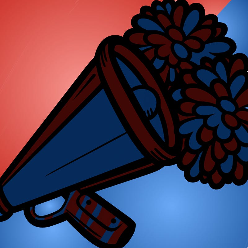 cheerleading megaphone with two pom poms on top/next to it