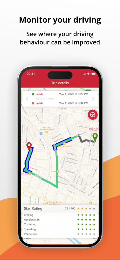 AvisBudget SafeDrive app interface showing a driving trip map and behavioral star ratings for braking and acceleration