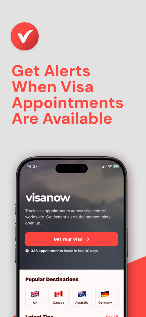 VisaNow: Find Visa Appointment - VisaNow app home screen showing visa appointment availability alerts for various countries.