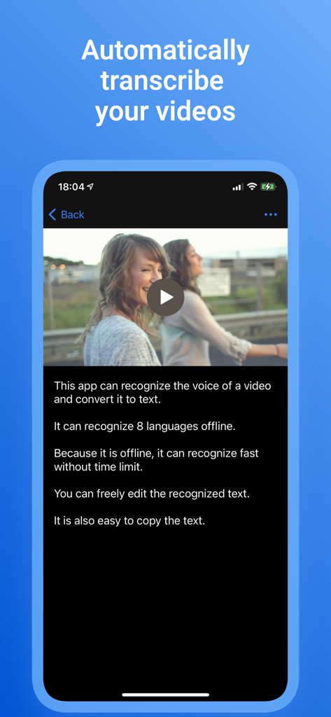 Video to Text Transcribe - Mobile app interface showing automatic offline video to text transcription features