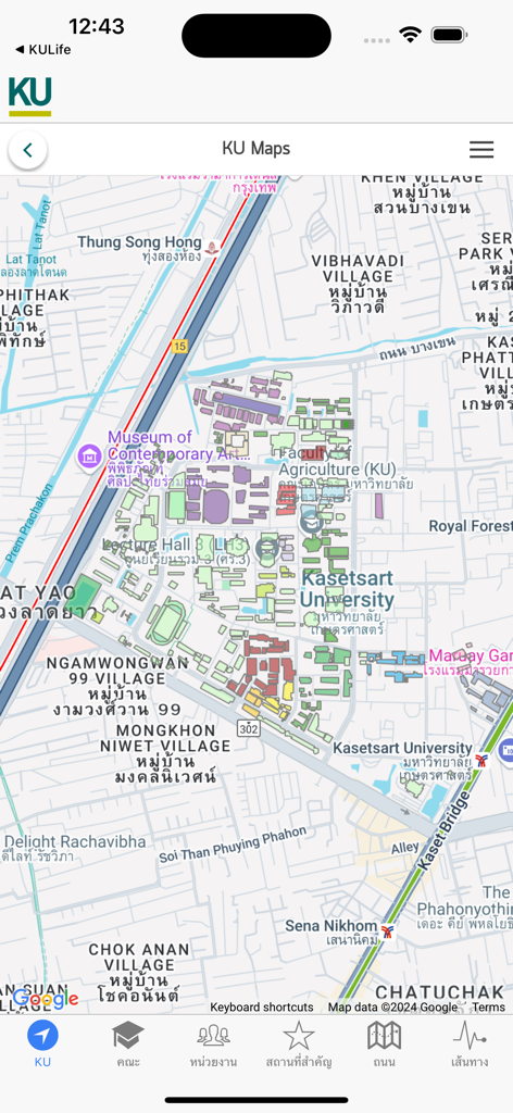 Map view of Kasetsart University campus within the InsideKU mobile app
