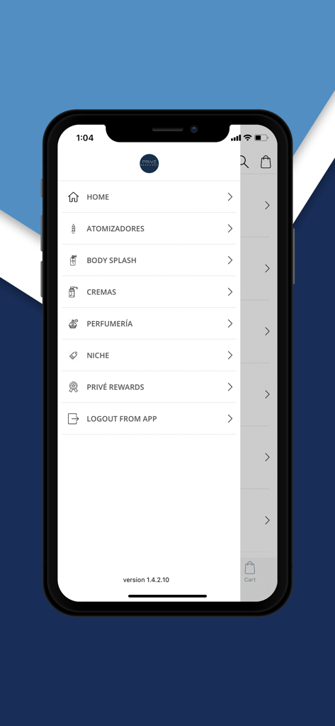 Privé Perfumes - Menú de navegación lateral de la aplicación móvil Prive Perfumes que muestra categorías de compra como perfumería y splash corporal