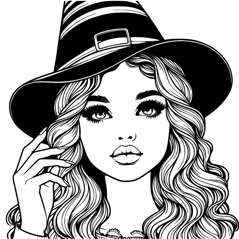 realistic girl with wavy hair and lips holding a witch hat