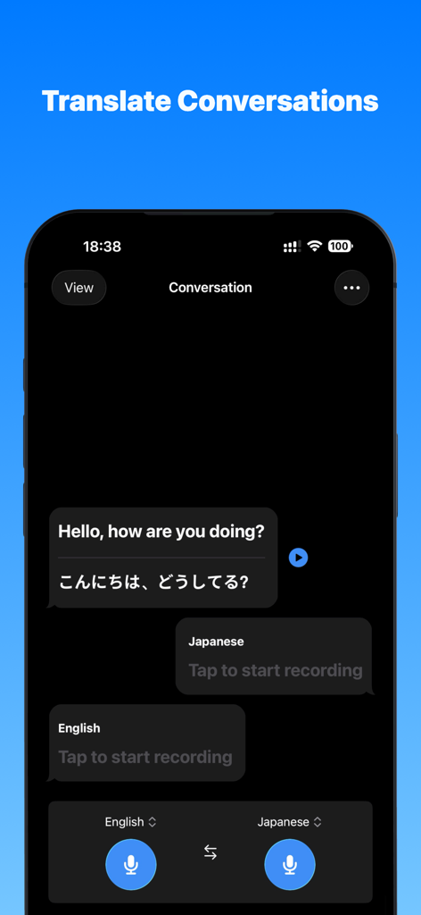 VN Screen Translate - Mobile app interface showing a two-way voice conversation translation feature between English and Japanese.