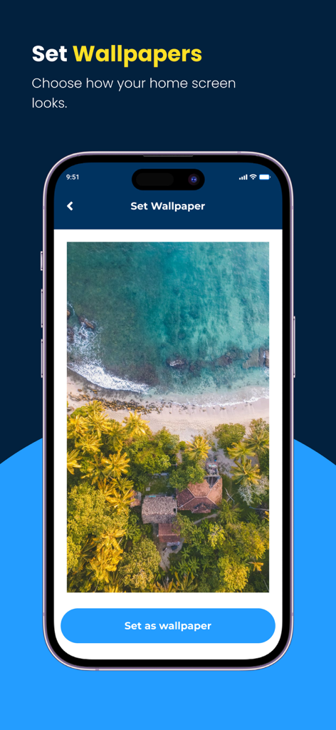 Calculator Vault - Lock Photo - Un teléfono inteligente que muestra la pantalla de selección de fondo de pantalla personalizado dentro de la aplicación Calculator Vault con una imagen de playa tropical.