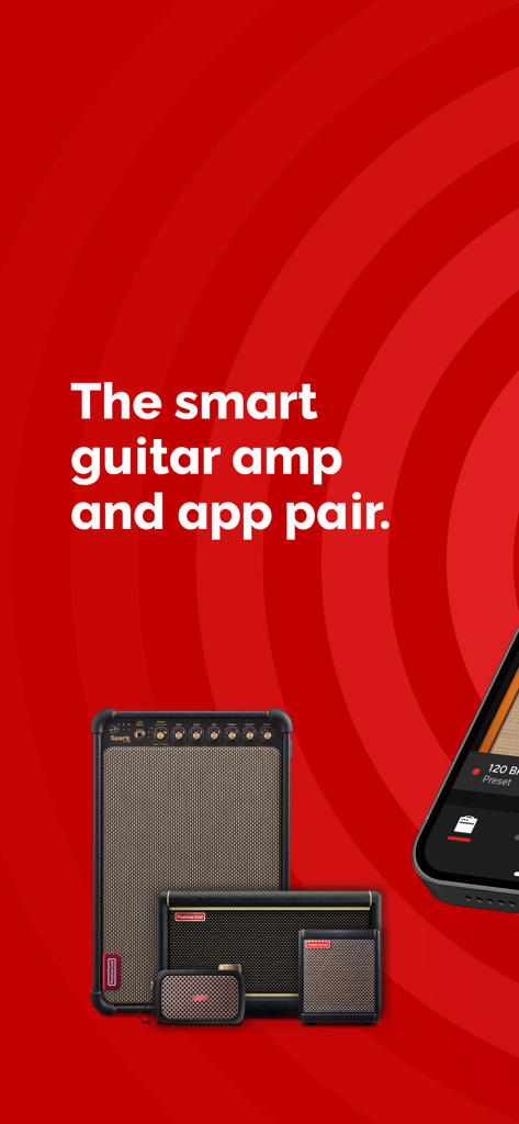 Spark: Chords, Backing Tracks - Modèles de matériel d'amplificateur de guitare intelligent Spark et intégration d'application mobile sur fond rouge