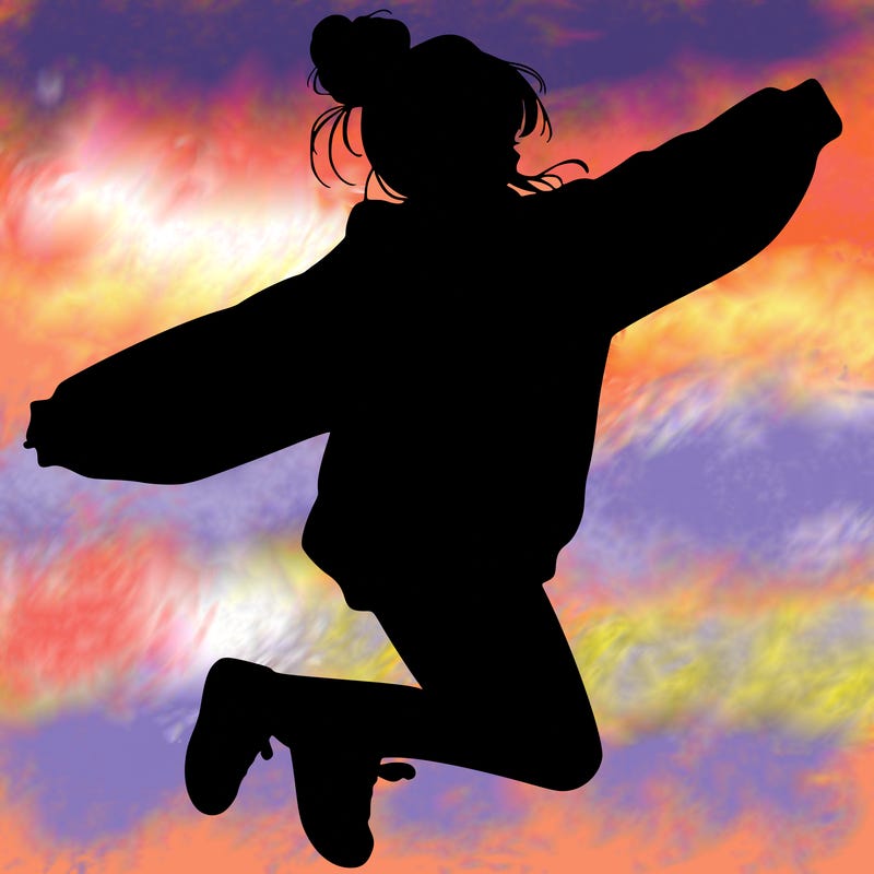 realistic girl jumping with a bun and oversized sweatshirt