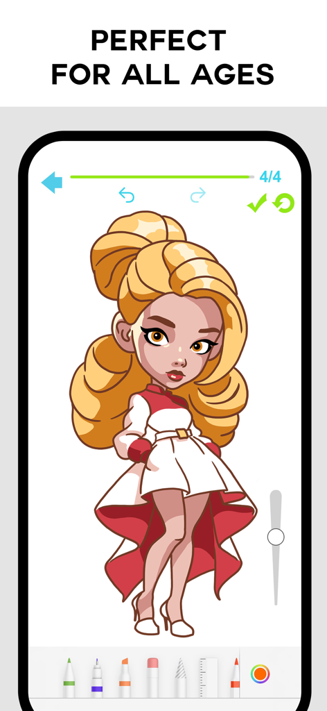 Captura de pantalla de la aplicación DrawingVibe que muestra el dibujo paso a paso de un personaje femenino con un titular que dice Perfecto para todas las edades.