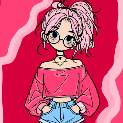 girl with a messy ponytail glasses a baggy crop top and jean shorts