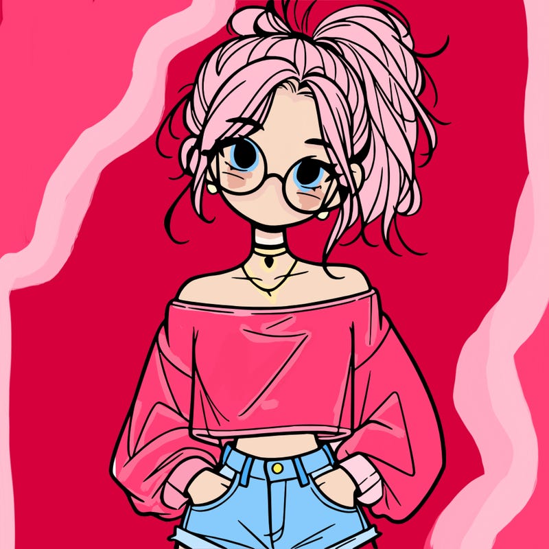 girl with a messy ponytail glasses a baggy crop top and jean shorts