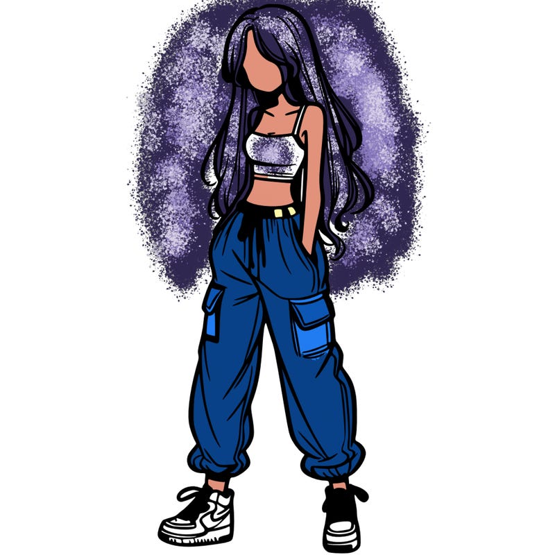 girl in baggy pants crop top and long hair