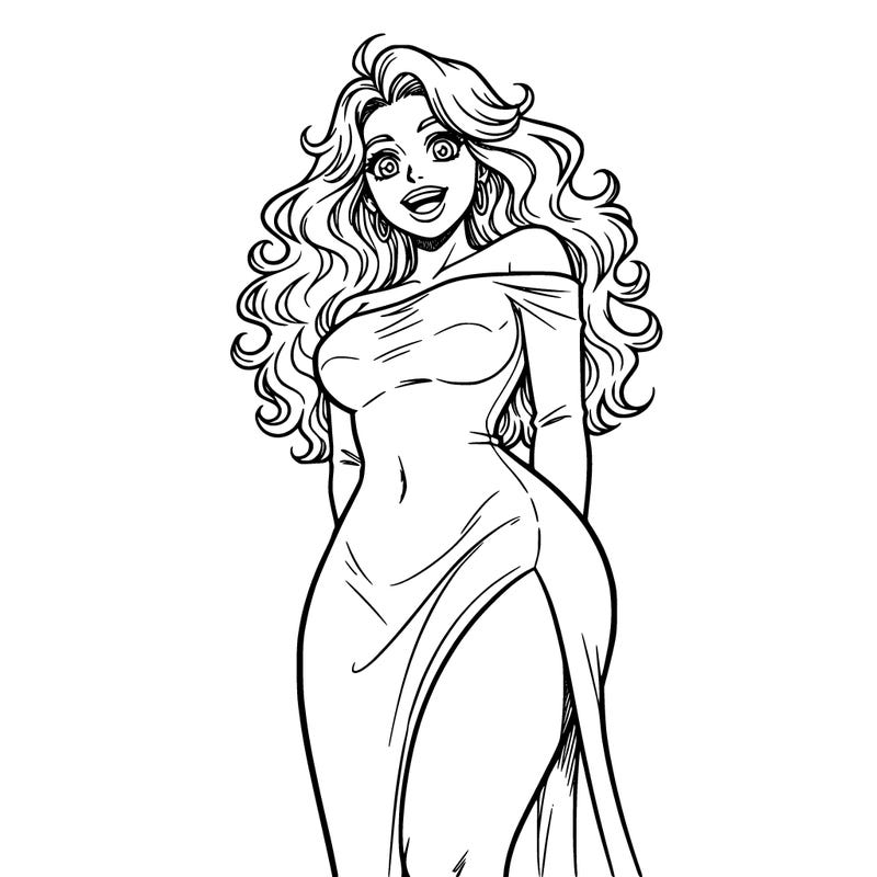 she has long curly hair an hourglass body shape that is very noticeable and she’s in an off the shoulder long dress that has a split up the thigh