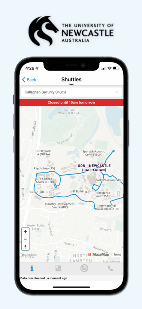 myUni University of Newcastle - A map in the myUni app displaying the security shuttle route for the University of Newcastle Callaghan campus.
