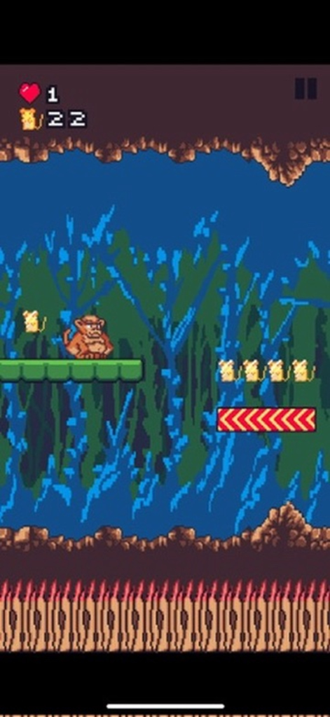 Macaco Jumper - Pixel art monkey character standing on a platform in a dark forest level of Macaco Jumper.
